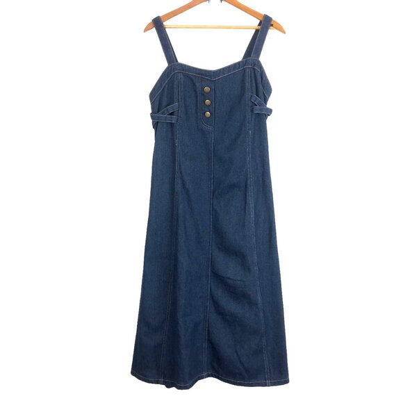 New Chartou Denim Midi Dress Sz Medium A-Line Button Detail Smocked Side Straps - Picture 1 of 12